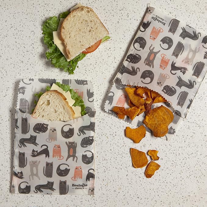 Ecologie by Danica Reusable Beeswax Sandwich Bag Cats, Reusable Food Storage Wrap, W6.5 x L6.5", Set of 2